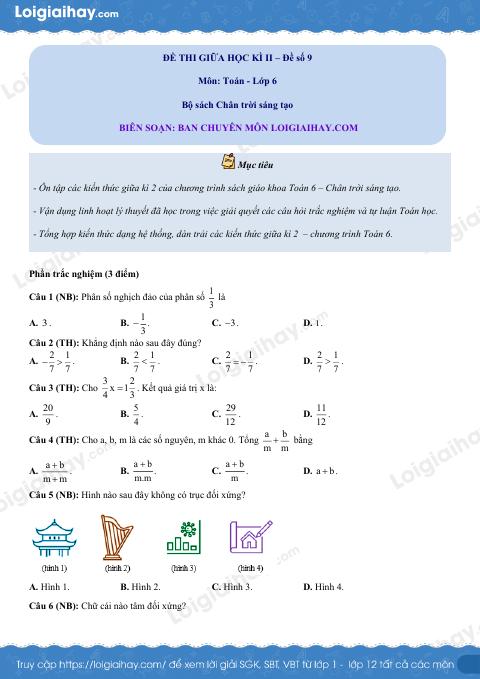 Đề thi giữa kì 2 Toán 6 Chân trời sáng tạo - Đề số 9